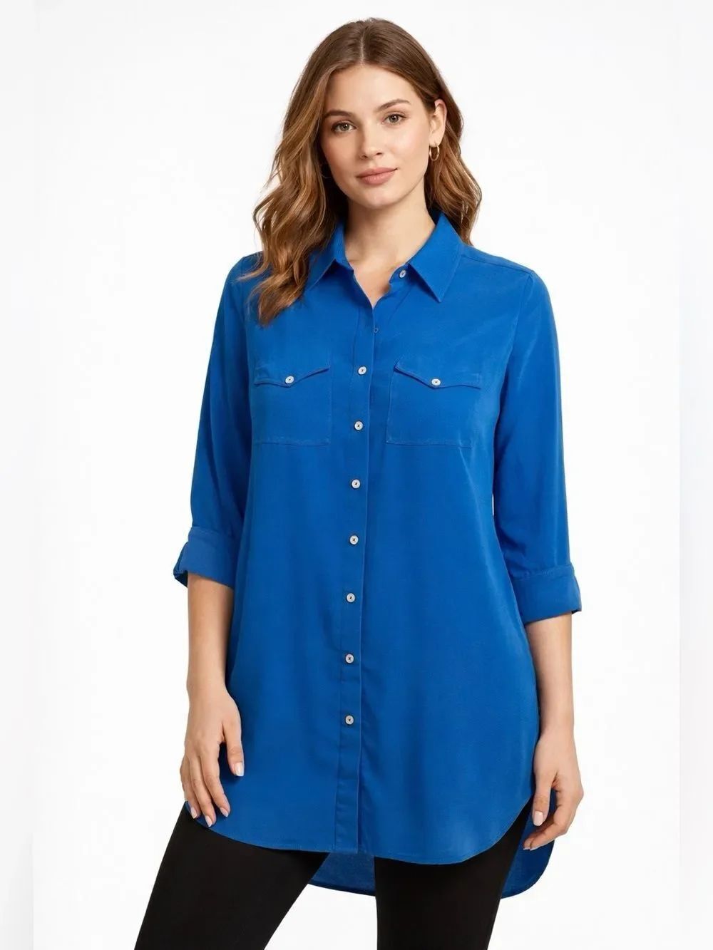 Soft Surroundings 100% Silk Blue Button Front Blouse 3/4 Sleeves M